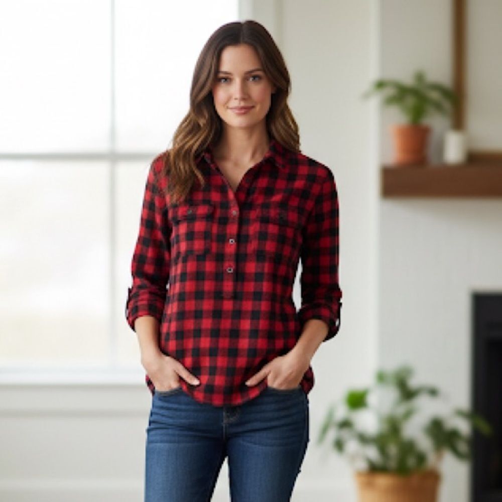 Madewell Red Black Plaid Popover Flannel Shirt Top XS